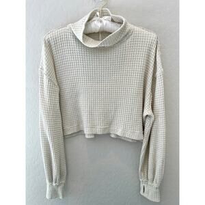 FREE PEOPLE Waffle Knit Cropped Pullover Cream Long Sleeve Mock Neck Top | Small